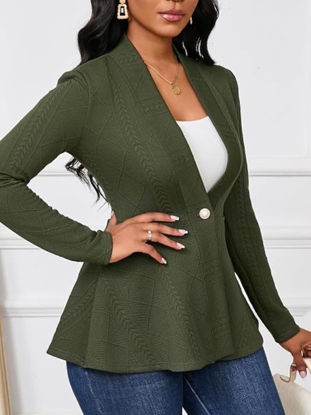 Quilted Olive Green Open-front Jacket - EUC
